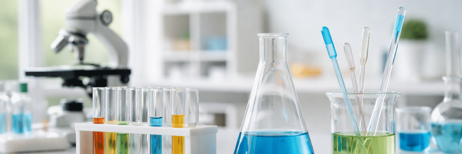 Et laboratoriebord med farverige væsker i reagensglas, et bægerglas, en kolbe, dråbetællere og et mikroskop i baggrunden.